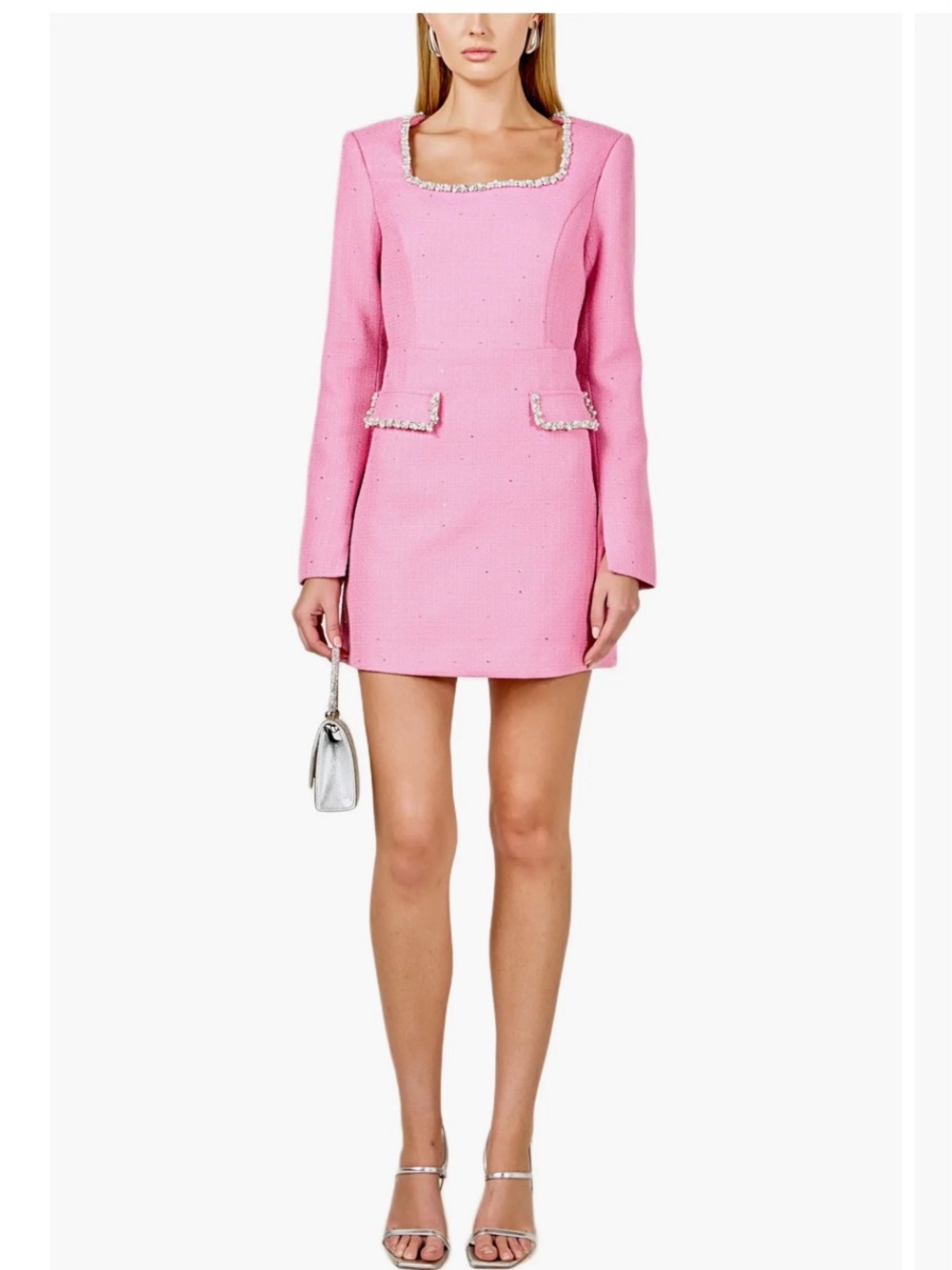 Endless Rose Pink Rhinestone Tweed Square-Neck Mini Dress